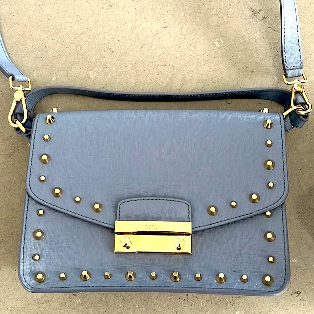 Trendy Furla blue handbag with gold accents!